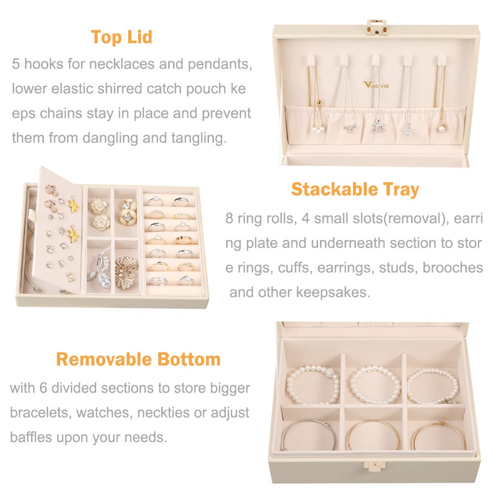 Voova Jewelry Box Organizer for Women Girls, 2 Layer Large Men Jewelry Storage Case, PU Leather Display Jewellery Holder with Removable Tray for Necklace Earrings Rings Bracelets, Vintage Gift,Apricot