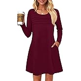 Wenrine Womens Long Sleeve Dress Fall Casual T Shirt Loose Fit Pleated Front Mini Dresses with Pockets