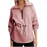HGps8w Women's Lapel Half Zip Sweatshirt, Drawstring Waist Loose Fit Casual Long Sleeve Pullover Tunic Tops