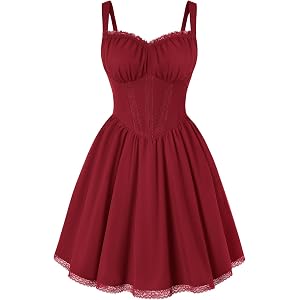 Scarlet Darkness Lace Corset Mini Dress with Pocket Women Teens Grad Outfit | Adjustable Straps, Ruched Sweetheart Bust, Lace