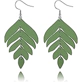 RLHRNDE Wooden Leaf Earrings for Women Girls Handmade Bohemian Nature Wood Lightweight Interconnected Chain Tropical Plant Green Leaves Dangle Drop Statement Earrings Jewelry Gifts