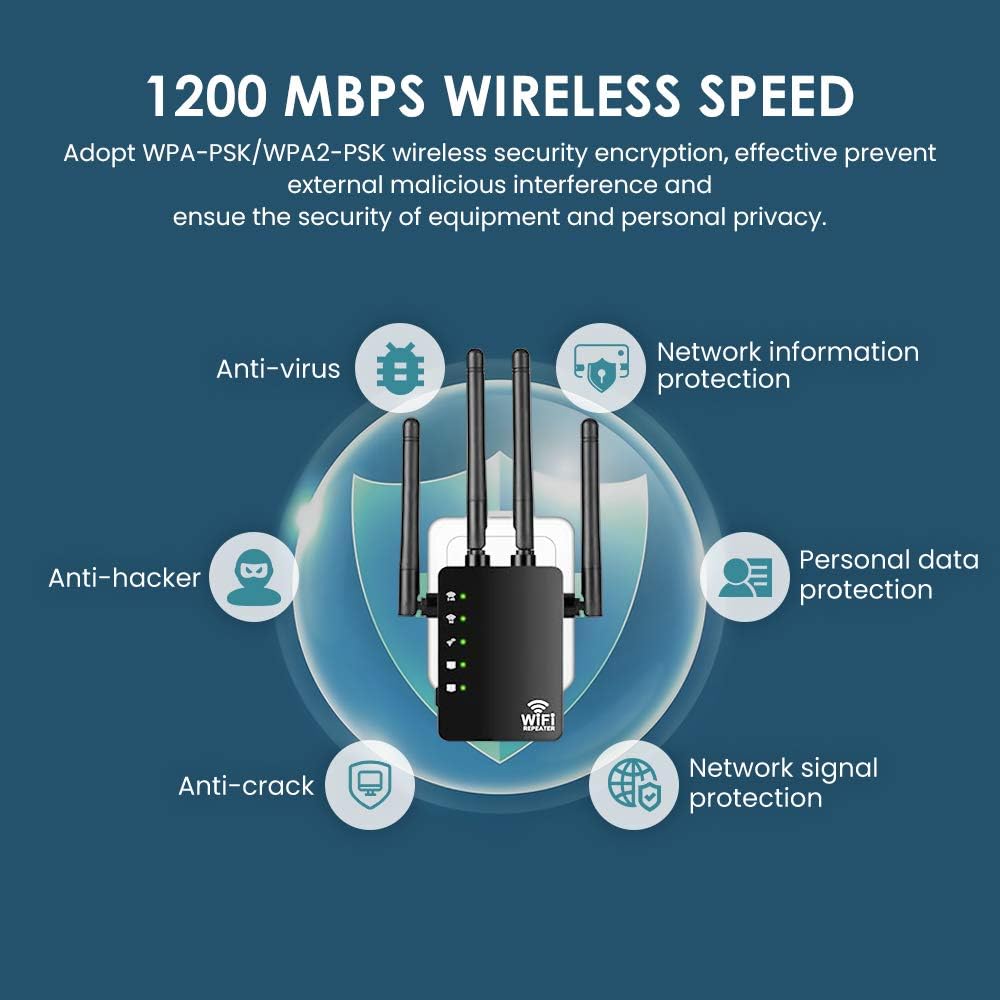 Black WiFi Range Extender with WPS 2.4 and 5G Dual-Band WiFi Signal