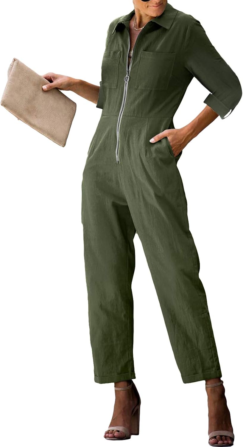 Style Dome Women Jumpsuits Zip Dungarees Long Sleeve Casual Overalls