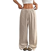 RoseSeek Women's Linen Summer Pants Drawstring Waist Baggy Pant Straight Wide Leg Beach Trousers