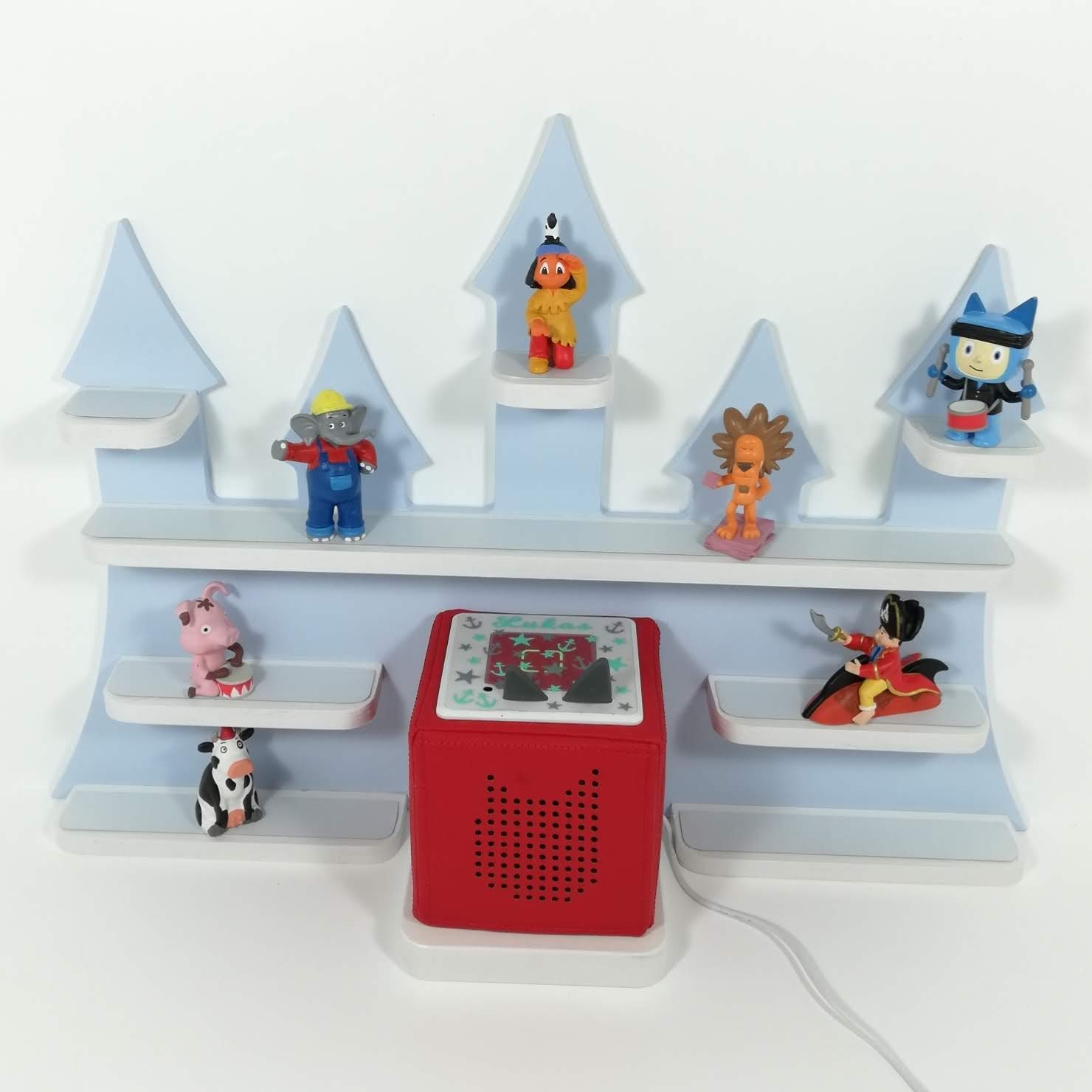 Tonie Regal, Schloß in blau mit weißen Regalen, ideale