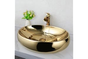 KECTIAKL 23 Inch Bathroom Vessel Sink with Waterfall Faucet and Pop-Up Drain Combo,Gold Ceramic Sink Bowl Modern Vessel Sink Above Counter Oval Bathroom Sink Basin