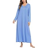 Ekouaer Women's Long Sleeve Nightgown Full Length Sleepwear Long Sleepshirts Henley Sleep Dress S-4XL