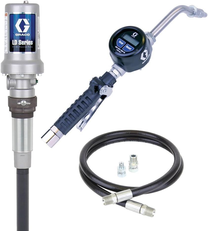 Graco 24H965 LD Series AirPowered 5:1 Stationary Oil Pump, Package with 6' Hose Kit and Electronic Dispense Meter