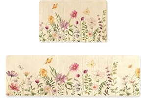 Kitchen Mats Set of 2 with Colorful Flowers, Non-Slip Low-Profile Kitchen Rugs for Floor, Spring Easter Home Decor Mats, 19.7