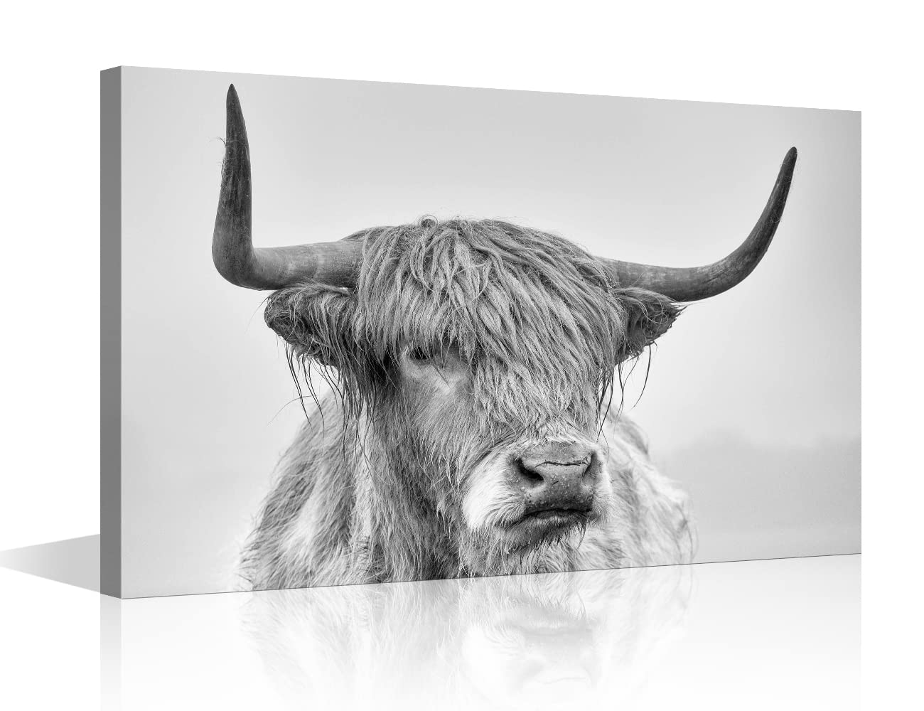 Canvas Wall Art Black and White Highland Cow Print Poster Cattle Canvas Art Yak Paintings for Living Room Bedroom Decor Kid's Room Wall Decoration Framed Reday to Hang 16x24in (40x60cm) — image 1