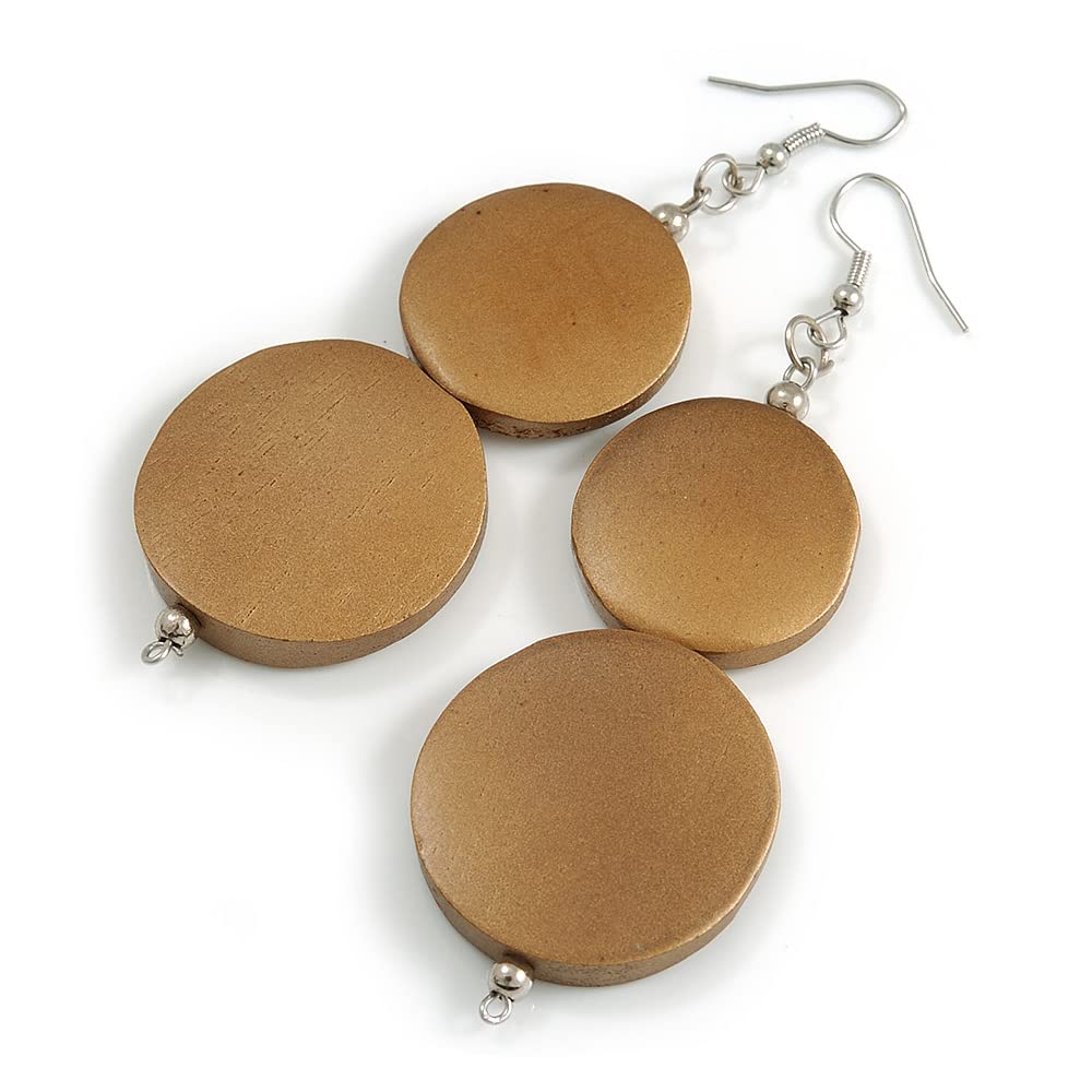 Long Gold Bronze Painted Double Round Wood Bead Drop Earrings - 8cm L