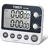 HomeMall Digital Kitchen Cooking Timer, Dual Count Up &amp; Down with Magnetic Back, Large Display, Adjustable Volume and Flashing Alarm Light, ON/Off Switch Stopwatch, Battery Included