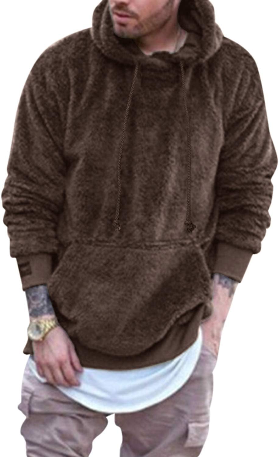 Mens Fuzzy Sherpa Pullover Hoodie Sweatshirts Long Sleeve Sport Front Pocket Fall Outwear Winter Hooded