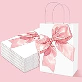 JarThenaAMCS 24Pcs Pink Bow Paper Bags with Handles Cute Bowknot Treat Bags Candy Goodie Bag Grocery Shopping Bag for Coquette Birthday Baby shower Party Favors Supplies