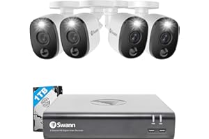Swann Home DVR Security Camera System with 1TB HDD, 4 Channel 4 Camera, 1080p Full HD Video, Indoor or Outdoor Wired Surveillance CCTV, Color Night Vision, Heat Motion Detection, LED Lights, 445804