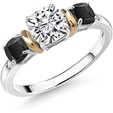 Gem Stone King 925 Silver & 10K Yellow Gold IGI Certified Lab Grown Diamond and Onyx 3 Stone Ring For Women | 1.58 Cttw | 1 Ct Center Cushion Cut Diamond | E-F Color VS1-VS2 Clarity