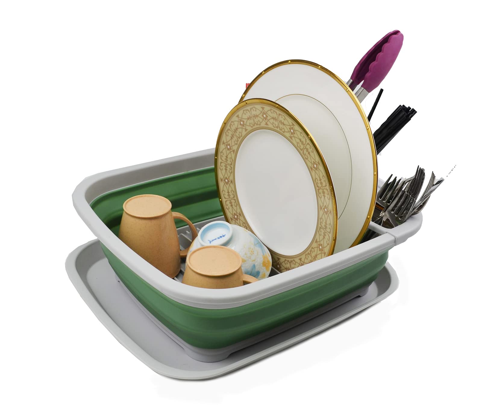 SAMMART 8L Collapsible Plastic Dish Drainer with Drainer Board - Foldable Drying Rack Set - Portable Dinnerware Organizer - Space Saving Kitchen Storage Tray (Grey/Dark Sea Green, 1)