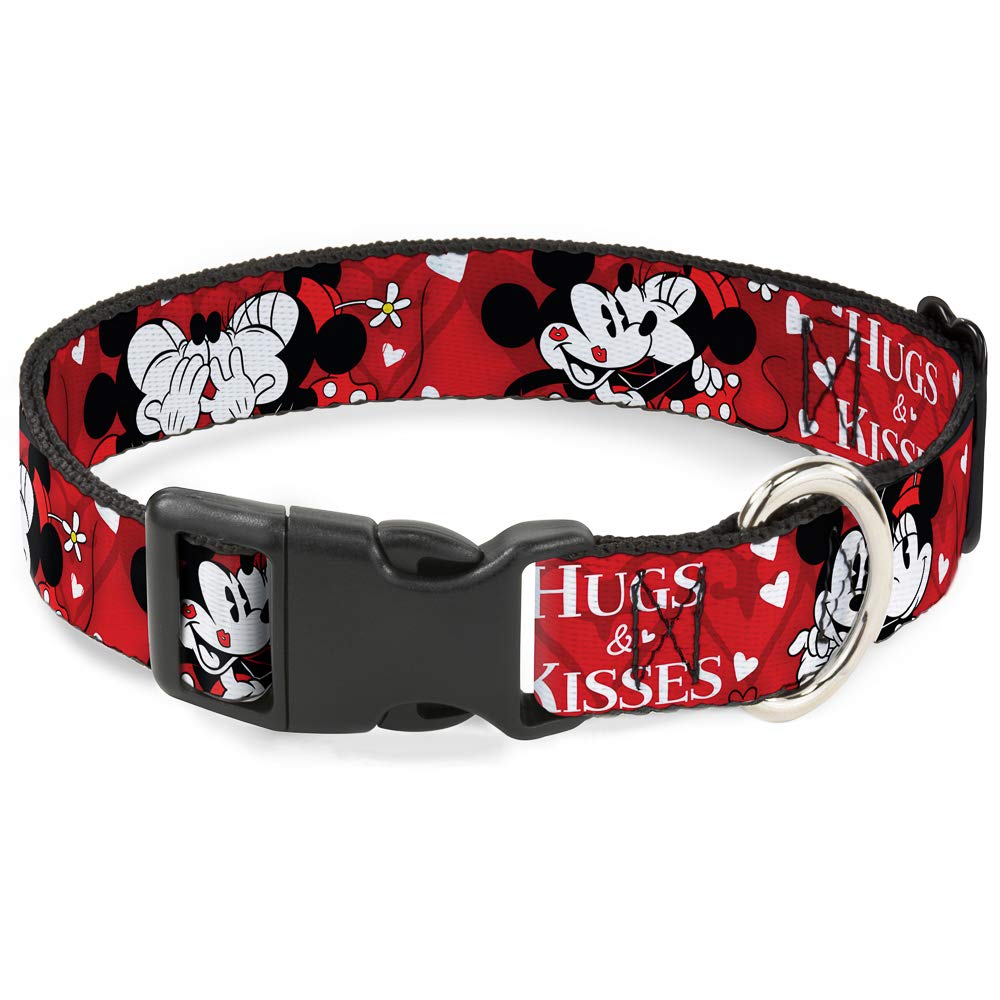 Buckle-Down Plastic Clip Collar - Mickey & Minnie HUGS & KISSES Poses Reds/White - 1" Wide - Fits 9-15" Neck - Small