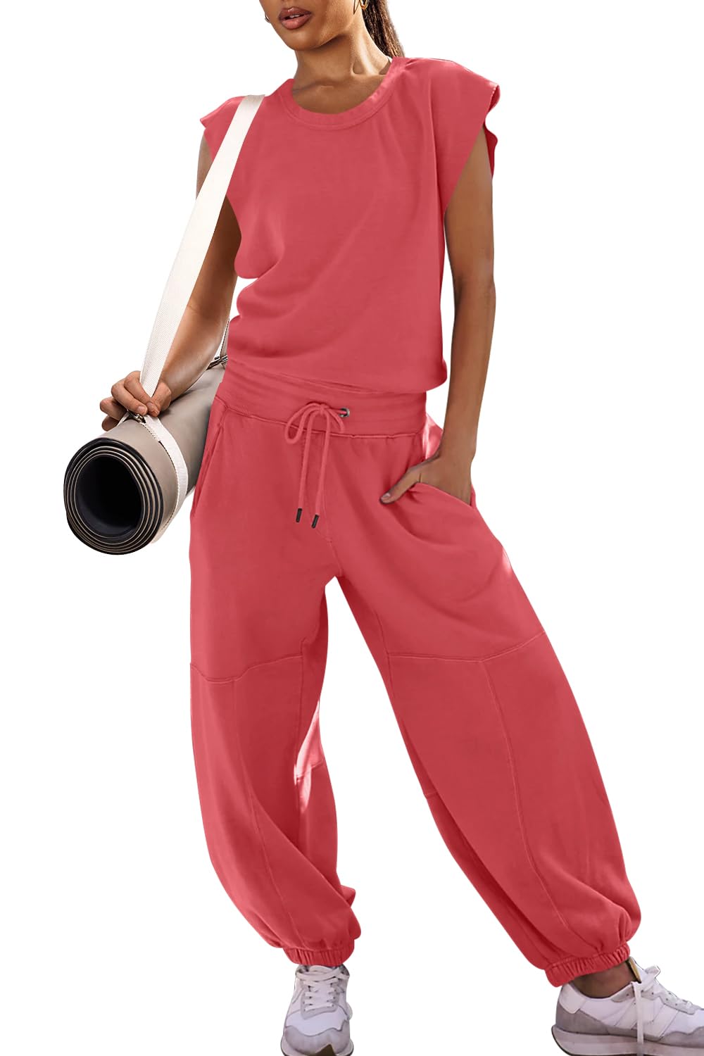 Photo 1 of Size XL.  LAMISSCHE Womens Oversized Wide Leg Jumpsuit with Pockets Elastic Waist Workout Onesie Romper Open Back Outfits(Coral,XL), X-Large