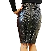 Women Leather Pencil Skirt Lace Up with Zipper Bodycon Skirt High Waist Midi Package Hip Skirt