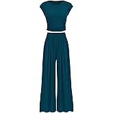 PRETTYGARDEN Women's Summer 2 Piece Outfits 2026 Cap Sleeve Ruched Slim T Shirt Ribbed Knit Wide Leg Pant Sets Tracksuit