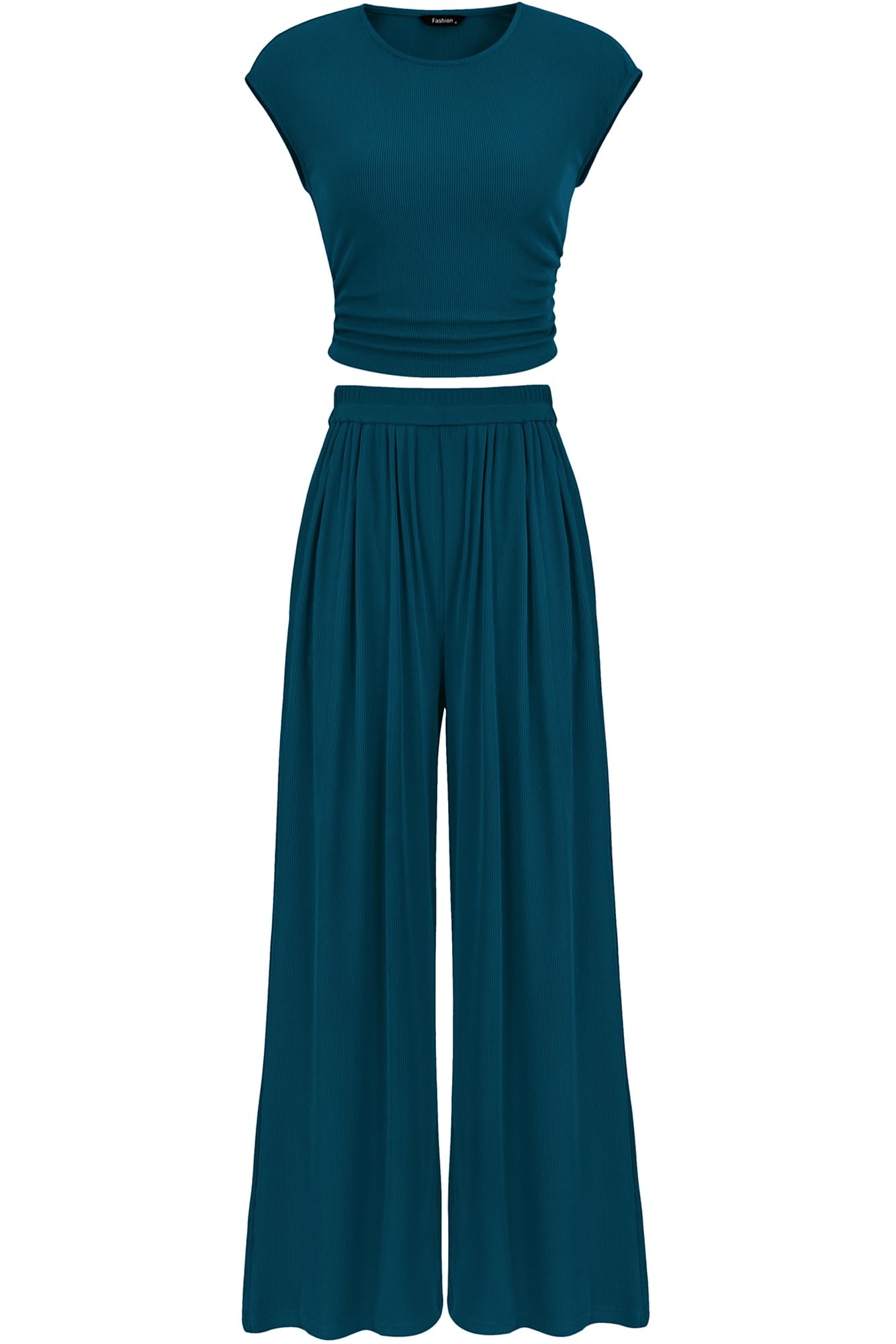 Photo 1 of ****ONLY PANTS*****PRETTYGARDEN Women's Summer 2 Piece Outfits 2025 Cap Sleeve Ruched Slim T Shirt Ribbed Knit Wide Leg Pant Sets Tracksuit(Lake Blue,Large)