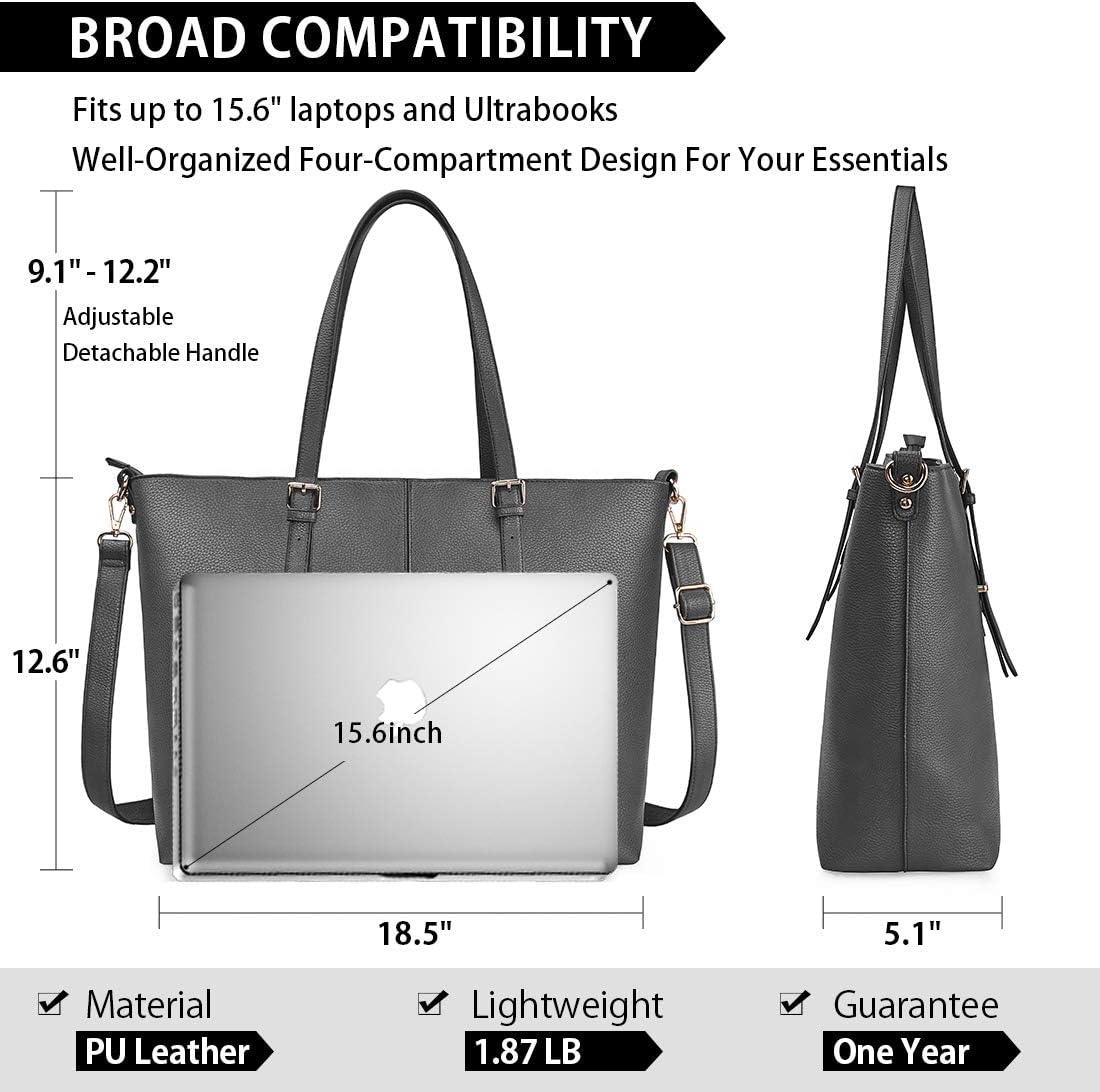 NUBILY Women Handbag Laptop Tote Bag 15.6 Inch Large Leather Shoulder Bag Designer Lightweight Computer Tote Bag Lady Stylish Handbags for Work Business School College Travel (Grey) - Image 5