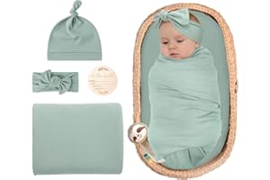 ZURLEFY Green Baby Girl Newborn Swaddle Blanket, Receiving Blankets with Headband and Beanie Set for Baby Boys Nursery Swaddle Wrap (61-02)