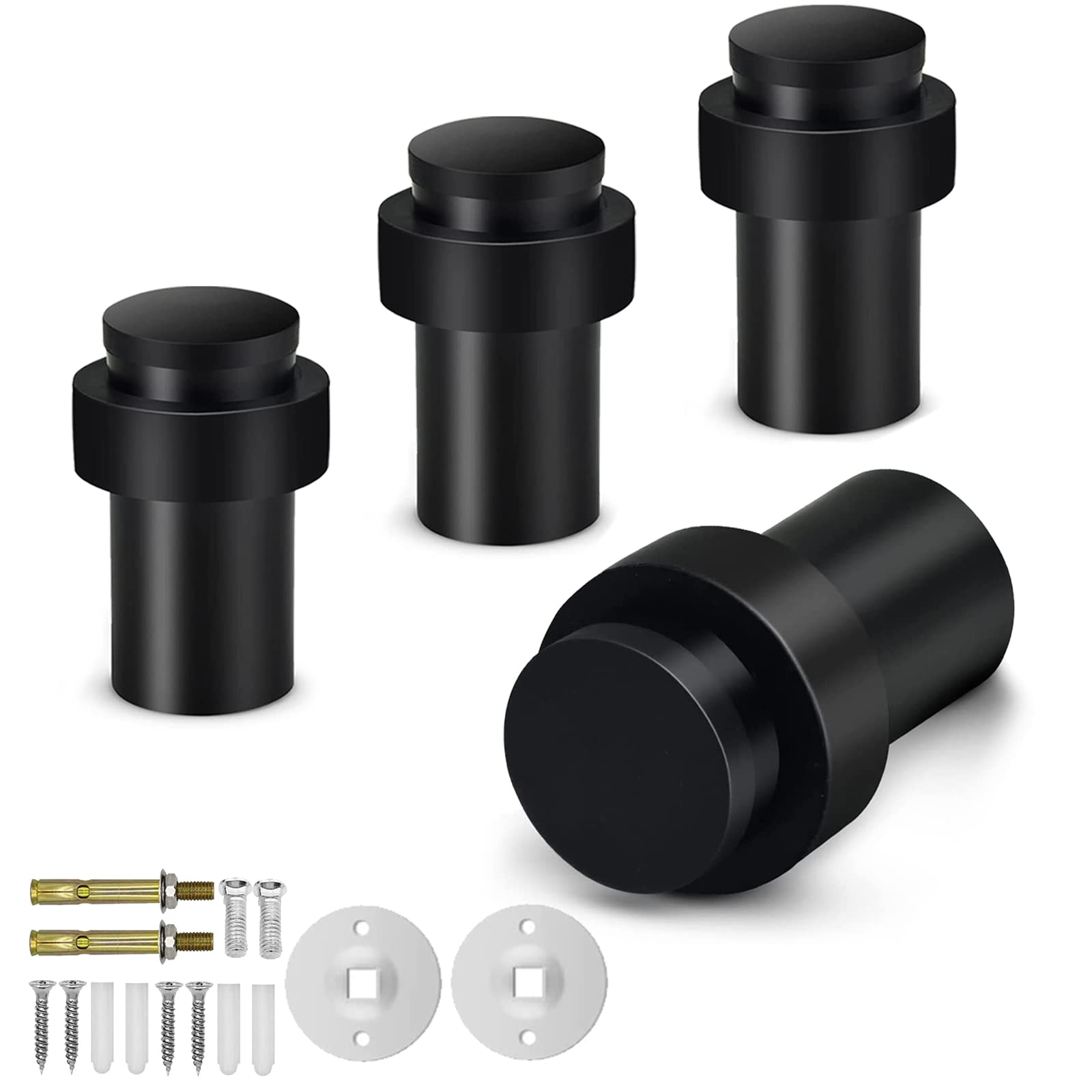 Door Stoppers 4 Pack, 65mm Black Door Stop Floor Mounted Stainless Steel Heavy Duty Doorstops for Wall Floor Mount Modern Door Stop Holder with Thick Rubber Bumper, Cylindrical