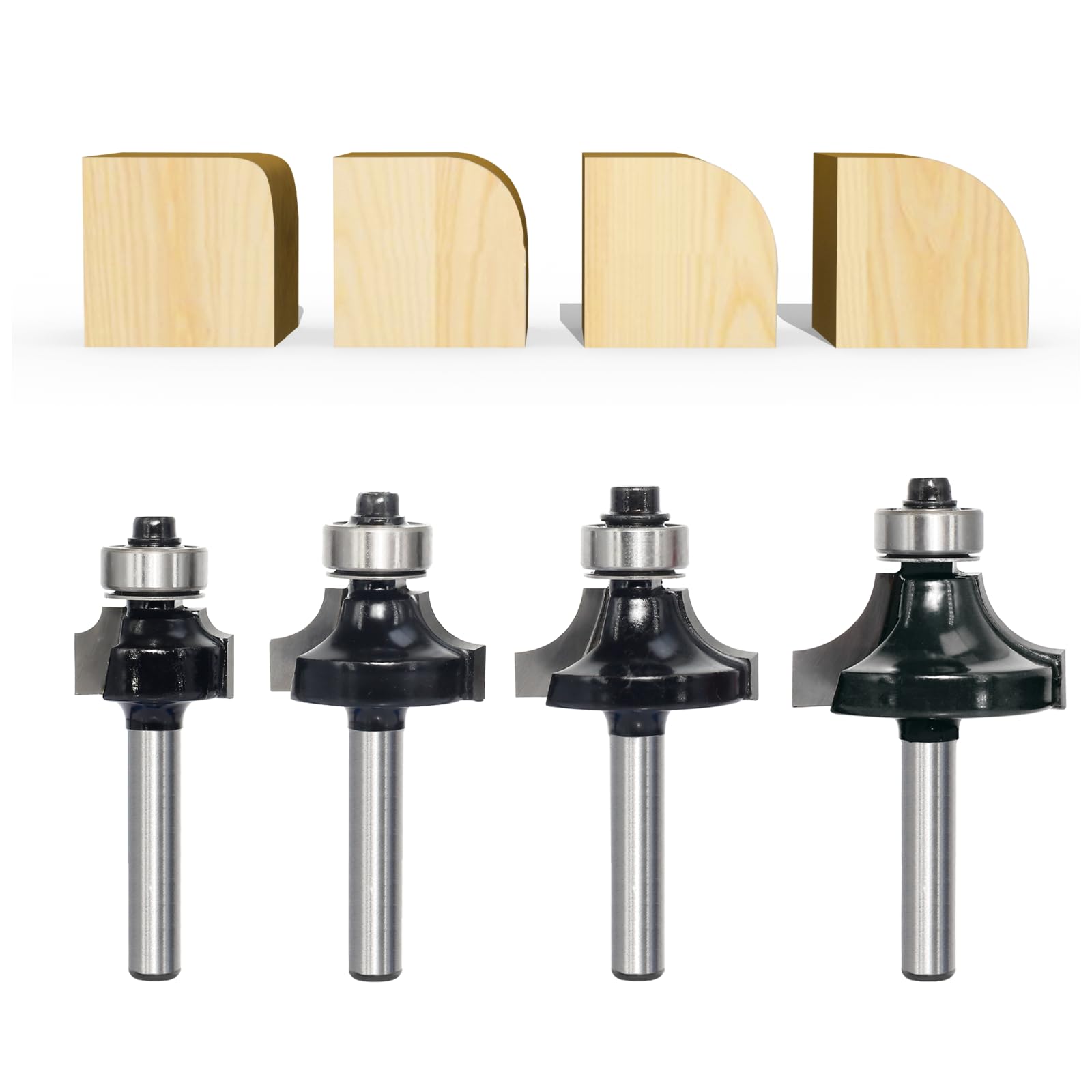 4PCS Roundover Router Bit Set, 1/4 inch Shank，Corner Rounding Edge Forming Cutter,Radius 1/8”, 1/4”, 5/16”, 3/8” Round Over Edging Router Bits, by Akylin — image 1