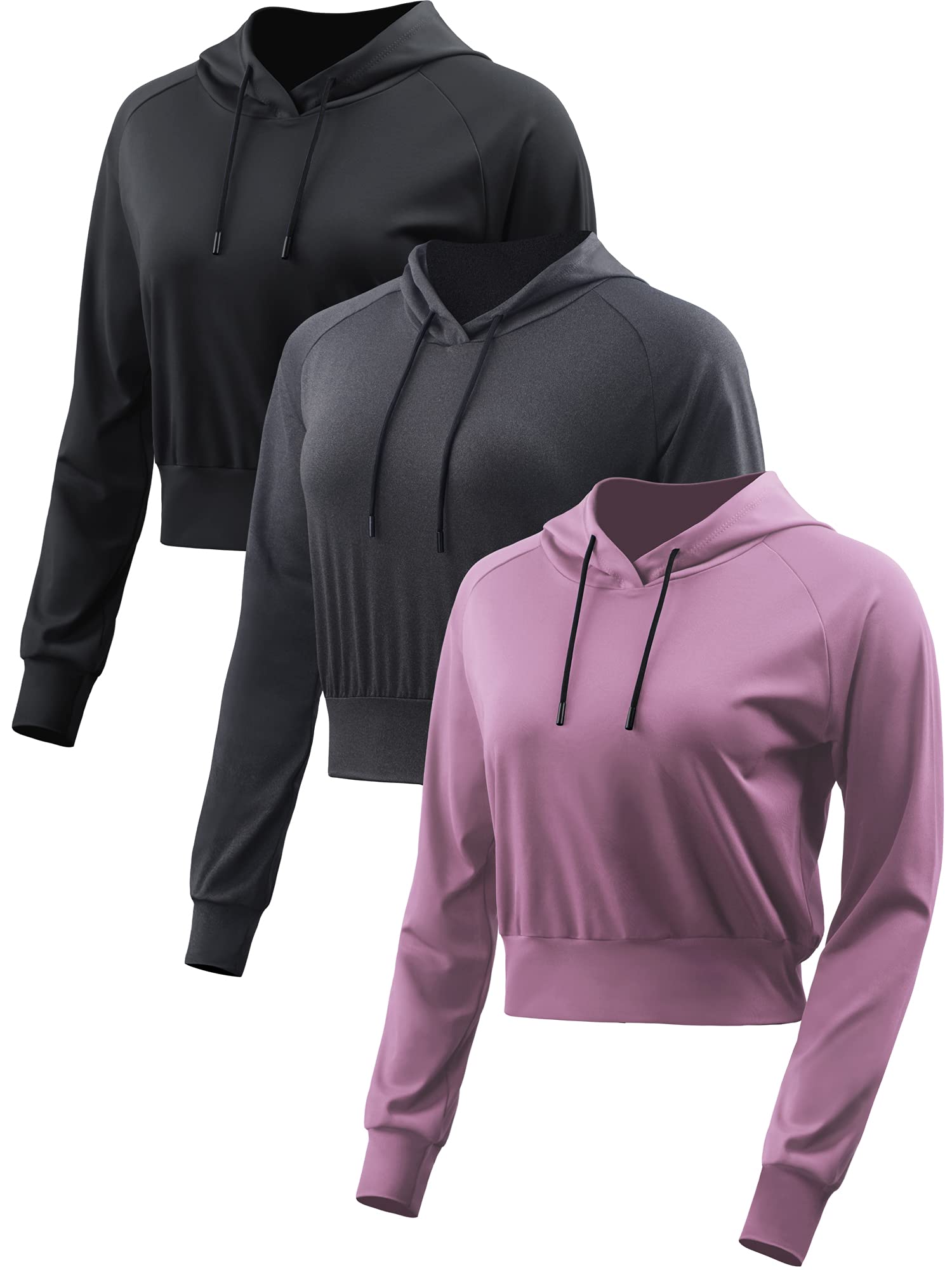 Photo 1 of CADMUS Women's Workout Long Sleeve Shirts with Hoodie Sweatshirt Running Crop Top, 3 Pack, Black, Grey, Pink, Medium