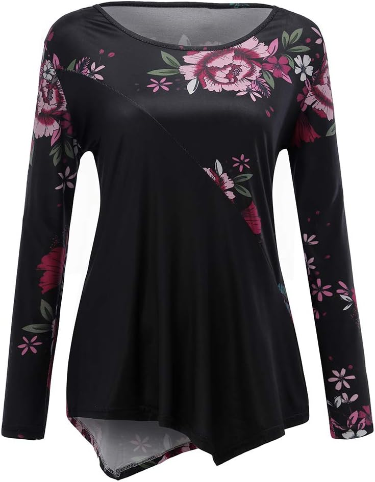 TUDUZ Women's Floral Print Long Sleeve Slim fit O-Neck Tunic Tops