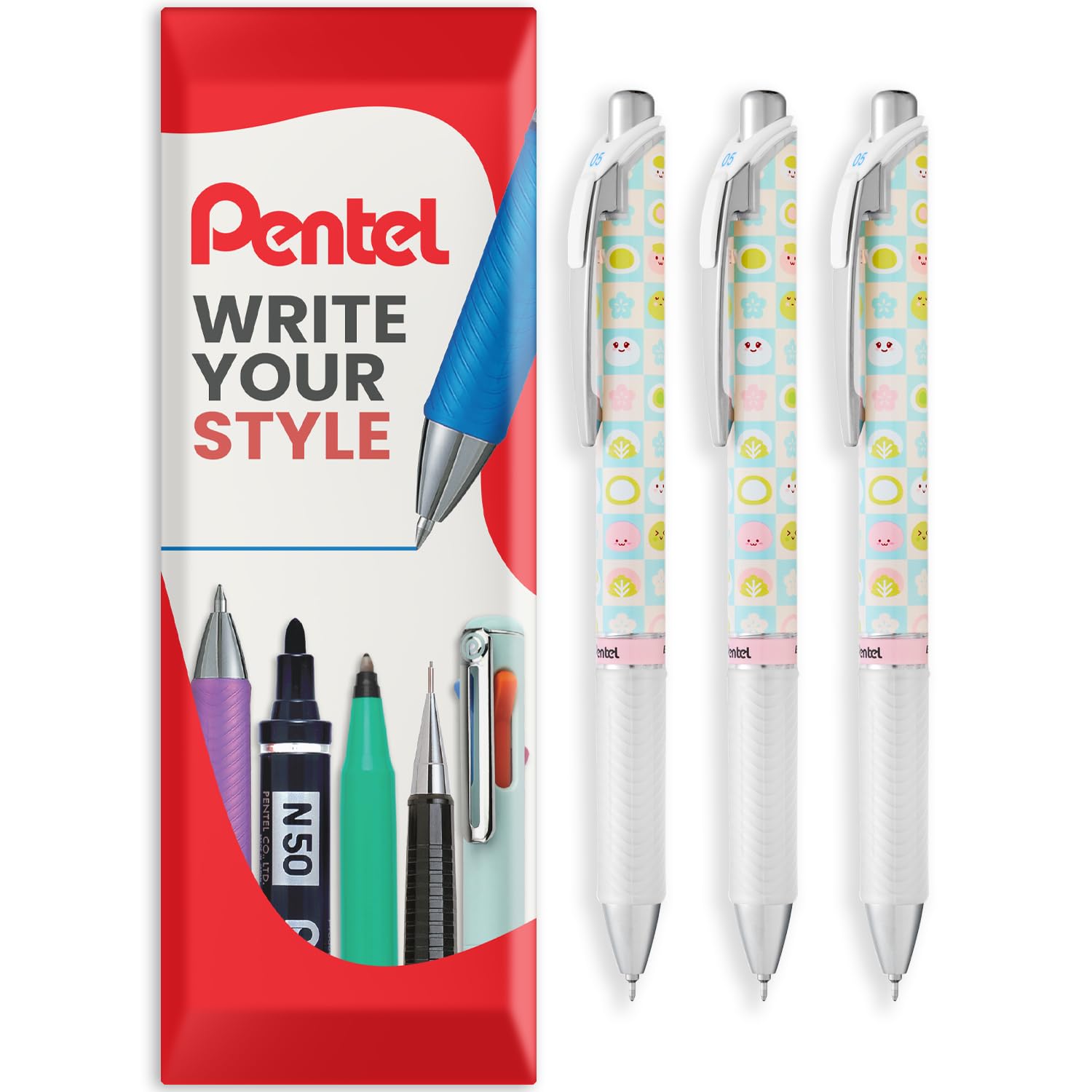 Pentel Energel BLN75 Retractable Gel Ink Rollerball Pen - 0.5mm - 54% Recycled - Black Ink - In Envelope Gift Packaging (3 Pack, Mochi)