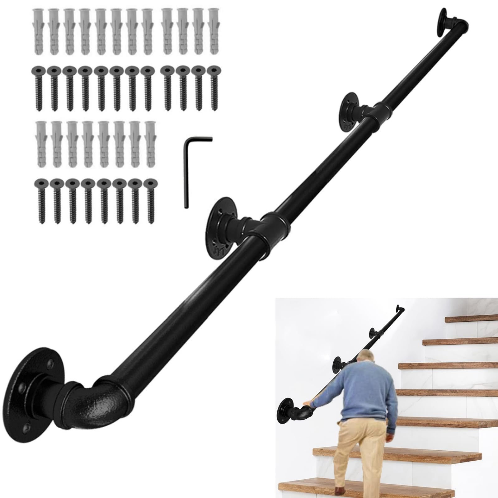 Lechansen Black Handrail for Stairs, 3M Thick Pipe Handrail Wall Mounted Heavy Duty for Steps, Industrial Style Hand Rail for Stairs with Fixings, for Indoor Outdoor Steps，Less Flaking/Chipping