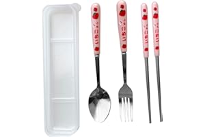 Spoon Forks Chopsticks, Stainless Steel Rounded 3 Piece Tableware Utensils Set for Daily Use with Transparent Box for Home an