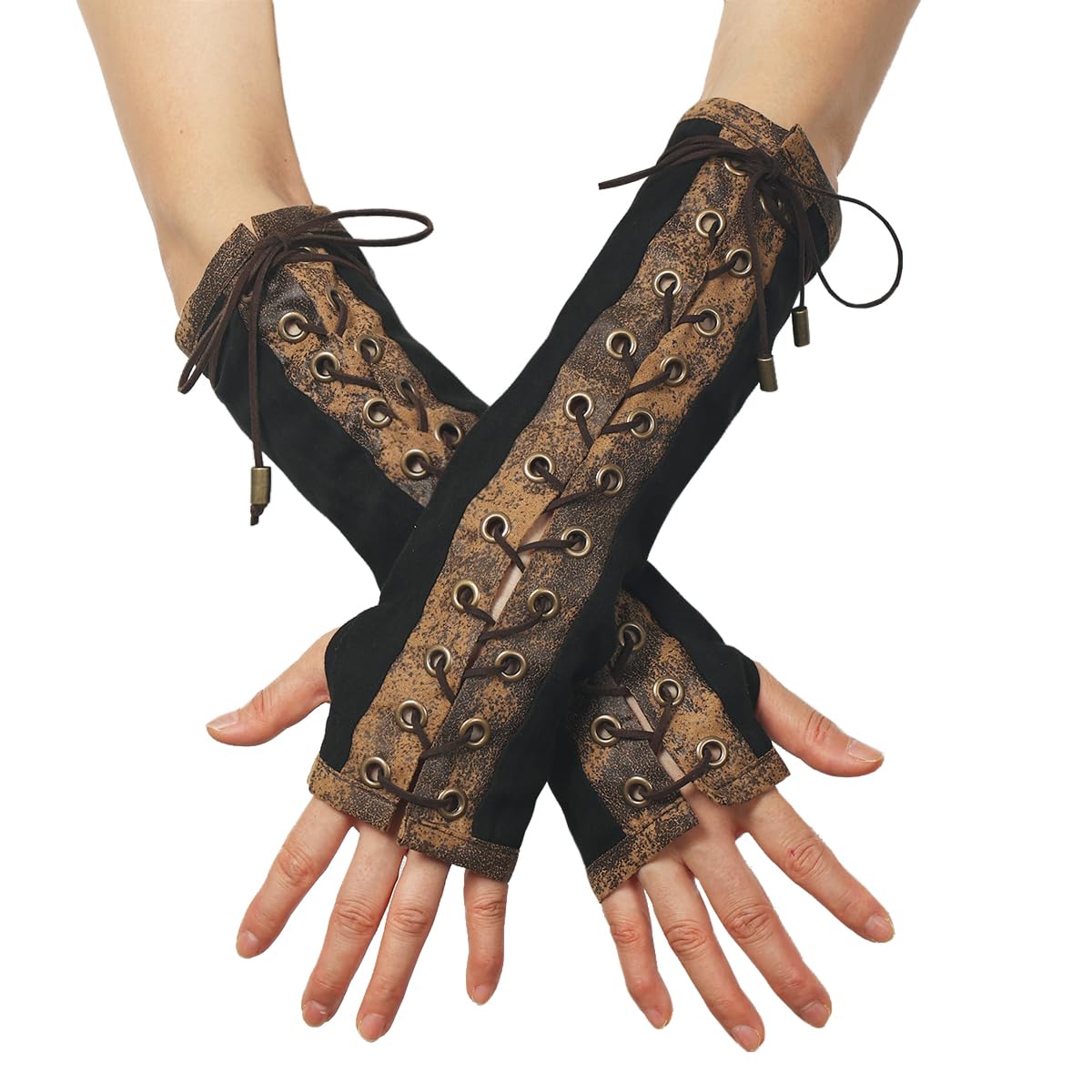 BPURB 1 Pair Women's Steampunk Fingerless Gloves Elbow Lace Up Gloves for Halloween Costume Cosplay Party — image 1