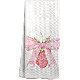 ShowDraven Strawberry Kitchen Towels Preppy Coquette Pink Bow Bathroom Decor, Strawberry Dish Towels for Bathroom Kitchen Decor, 16x24 Inches