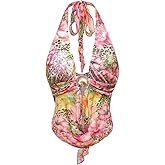 BEAUDRM Women's Sexy Leopard Halter Top Y2K Floral Cheetah Rave Going Out Tops Mesh Sheer Open Back Party Tank Clubwear