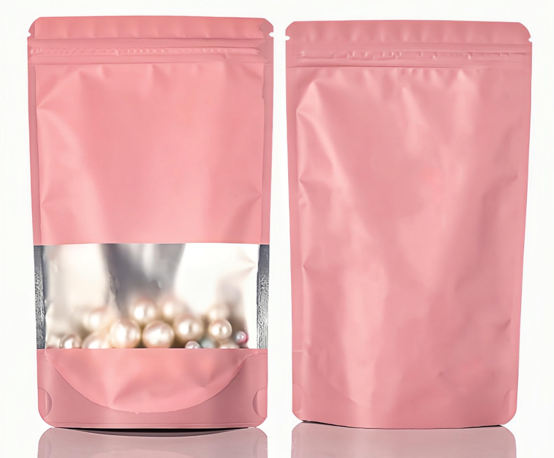 Rimiko 50pcs Resealable Stand up Foil Pouches with Clear Window, Zipper Aluminum Ziplock Bags, Mylar Bags for Food Storage, Colorful Matte Packaging for Candy Coffee Beans (Pink, 5.9"x 8.7")