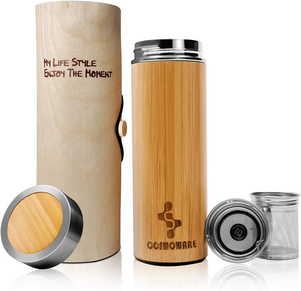 Bamboo Travel Tumbler with Strainer | Tea Infuser Bottle For Loose Leaf | Stainless Steel Insulated Coffee Mug | Cosmoware Gift For Tea Lovers