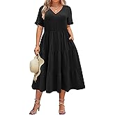 IN'VOLAND Womens Plus Size Short Sleeve Dress Summer Midi Casual Tiered V-Neck Aline Flowy Loose Dresses with Pockets