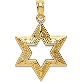 JewelryWeb 15mm 14k Gold Jewish Religious Judaica Star of David 2-d and Cut-out/Textured Pendant Necklace for Women