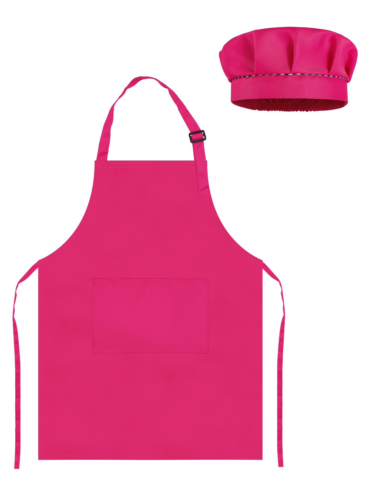 TOPWAYS Kids Apron and Chef Hat Set, Adjustable Children Chef Apron Outfit Costume, Kitchen Apron for Baking Cooking Painting, Artist Dress with Two Pockets (rose red, M (3 to 6 years