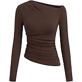 CIDER Off The Shoulder Tops for Women Long Sleeve Shirts Asymmetrical Neck Ruched Going Out Tops Y2K Slim Fit Fall Top