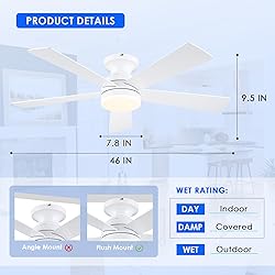 BYKISTOK White Ceiling Fans with Lights - 46" Flush