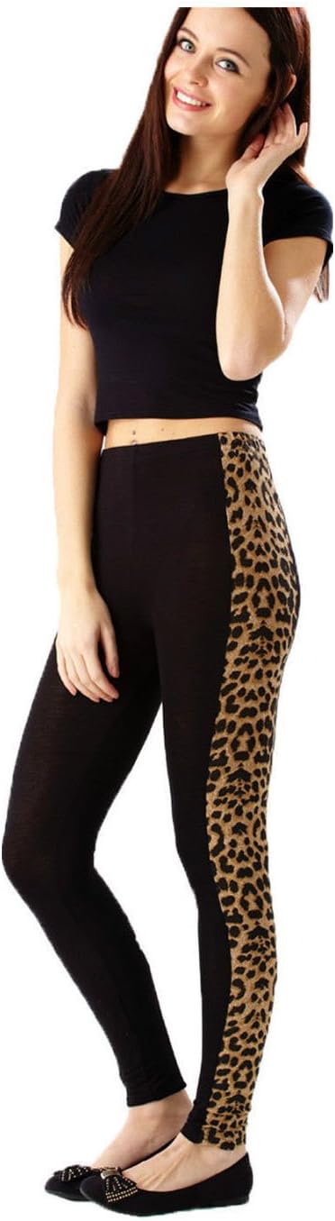 Ladies Womens Side Leopard Panel Print Black Stretchy Leggings UK 8-26