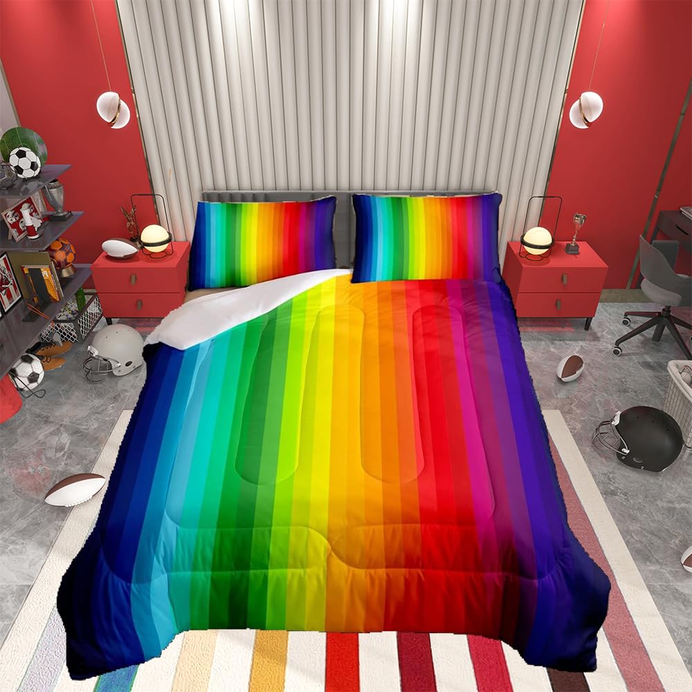 Loussiesd Rainbow Single Duvet 2 Pieces Marble Stripes Colorful Multicolor Microfibre for Children Young Youths and 1 pillowcase colorful rainbow stripes quilted bed
