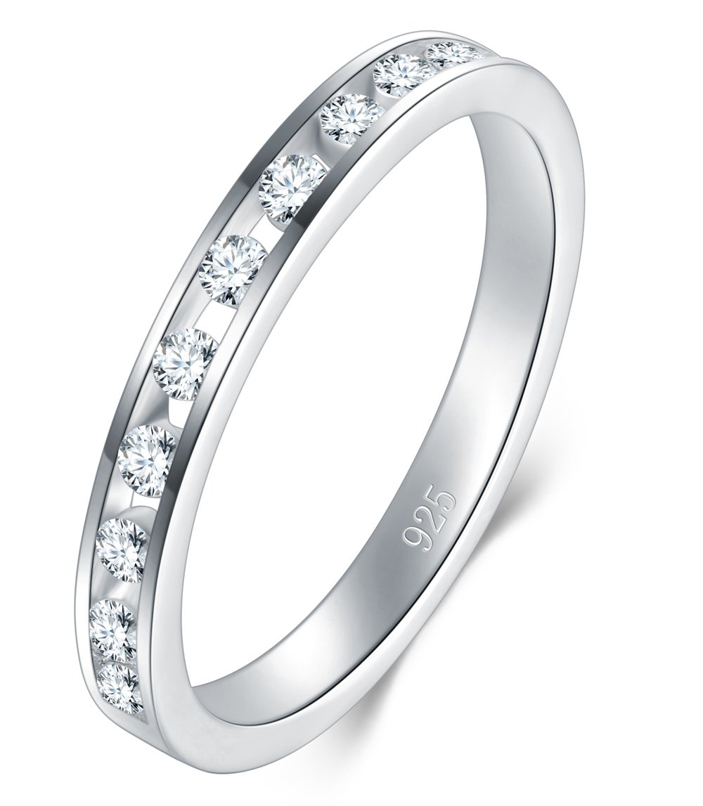 Photo 1 of BORUO 925 Sterling Silver Cubic Zirconia Ring - Silver Eternity Band - Sterling Silver Rings For Women - Silver Wedding and Anniversary Band Women, 2mm Size 9 SEALED