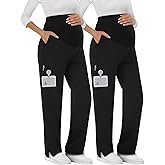 Sweetyweee 2 Pack Women's Maternity Scrubs Pants with 6 Pockets Pregnancy Workwear Stretchy Straight Leg Cargo Trousers