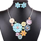 Colorful Flower Cluster Festoon Y-Necklace Bib Statement Necklace Earring Set